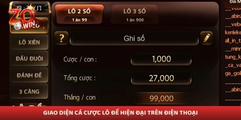 Giao diện cá cược lô đề hiện đại trên điện thoại