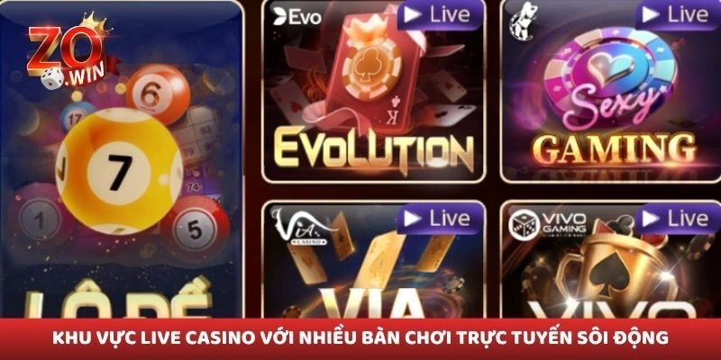 Khu vực live casino với nhiều bàn chơi trực tuyến sôi động